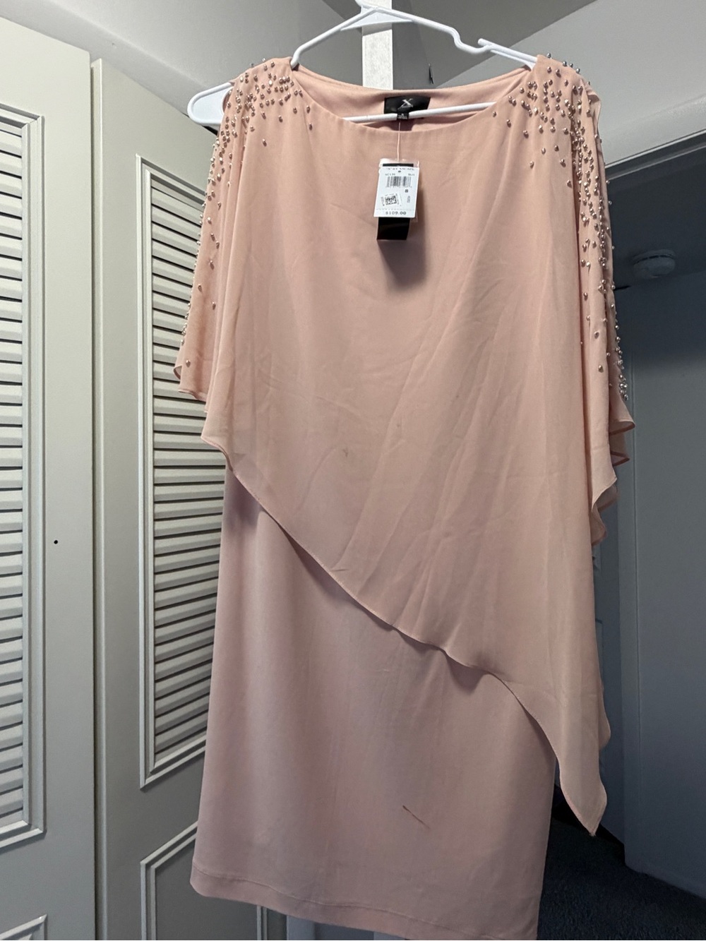Xscape Blush Pink Asymmetrical Overlay Dress with Beaded Shoulders